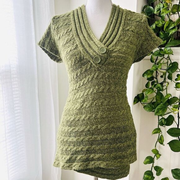New Directions Green Marled V-Neck Asymmetrical Hem Knit Layered Sweater Size 6 - Picture 1 of 8